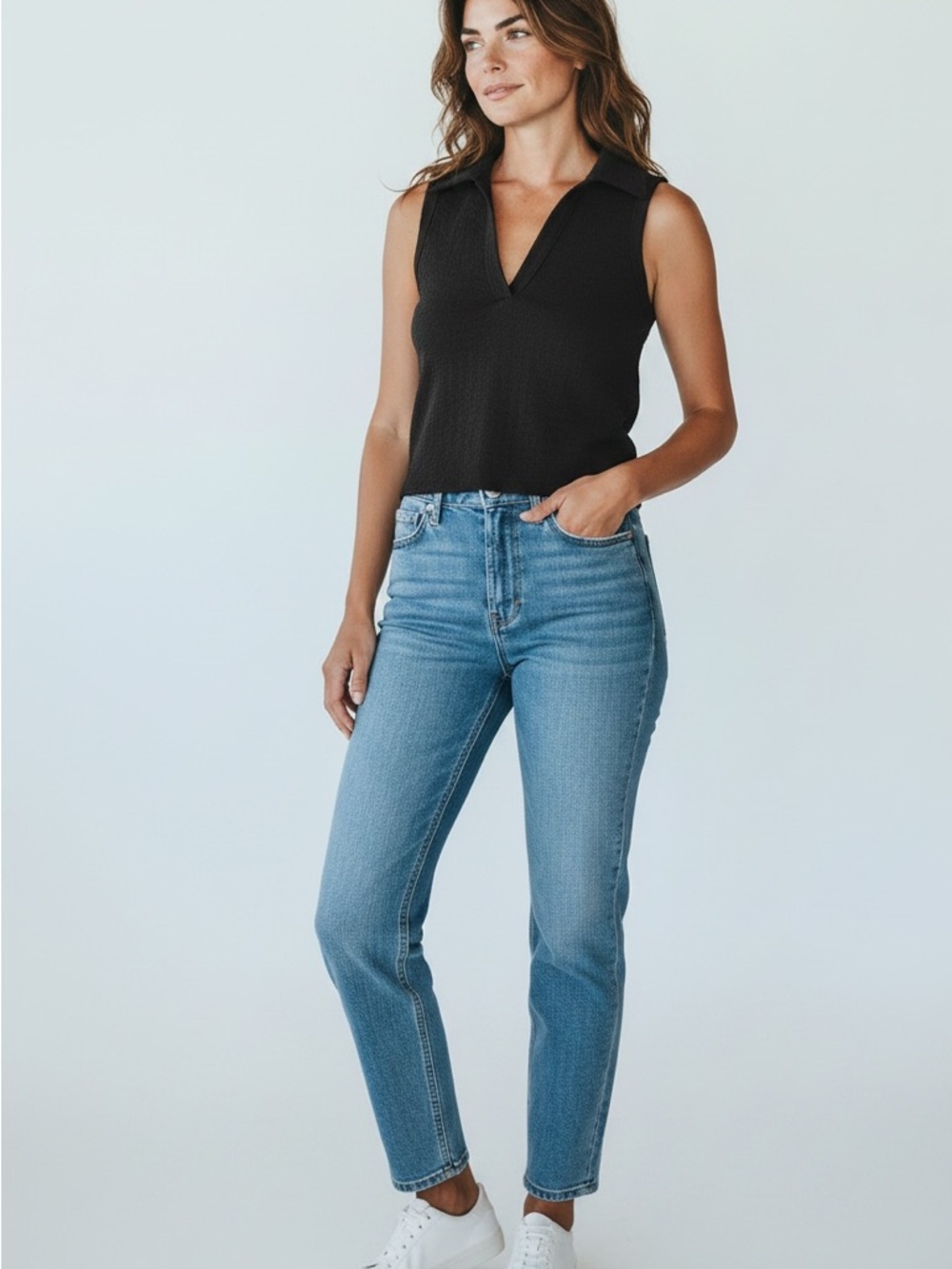 Sanctuary Black Sleeveless Collared Knit Top